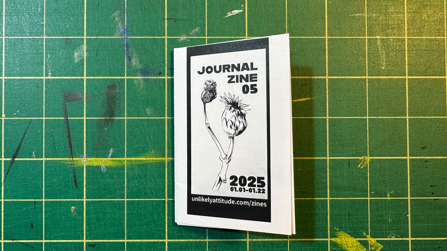 Journal Zine #5 cover shows an ink brush drawing of, what I think is, a desicated seed pod. I think it's a seed pod.